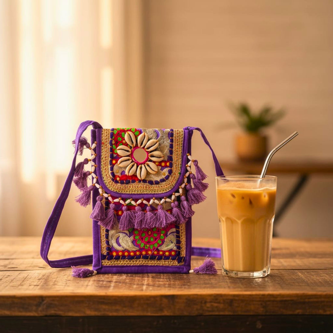 Boho Embroidered Tassel Sling Bag by Suryatra