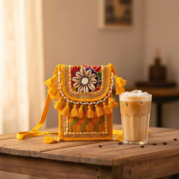 Mustard Mirror & Tassel Boho Sling Bag by Suryatra