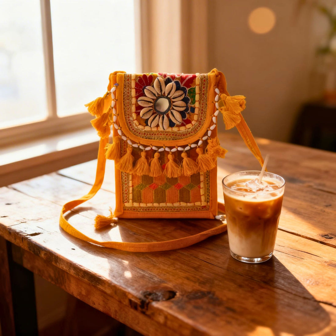 Mustard Mirror & Tassel Boho Sling Bag by Suryatra
