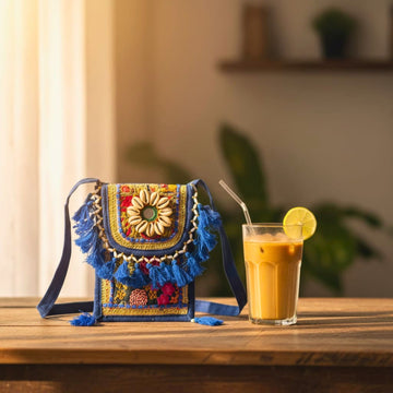 Royal Blue Mirror & Tassel Boho Sling Bag by Suryatra