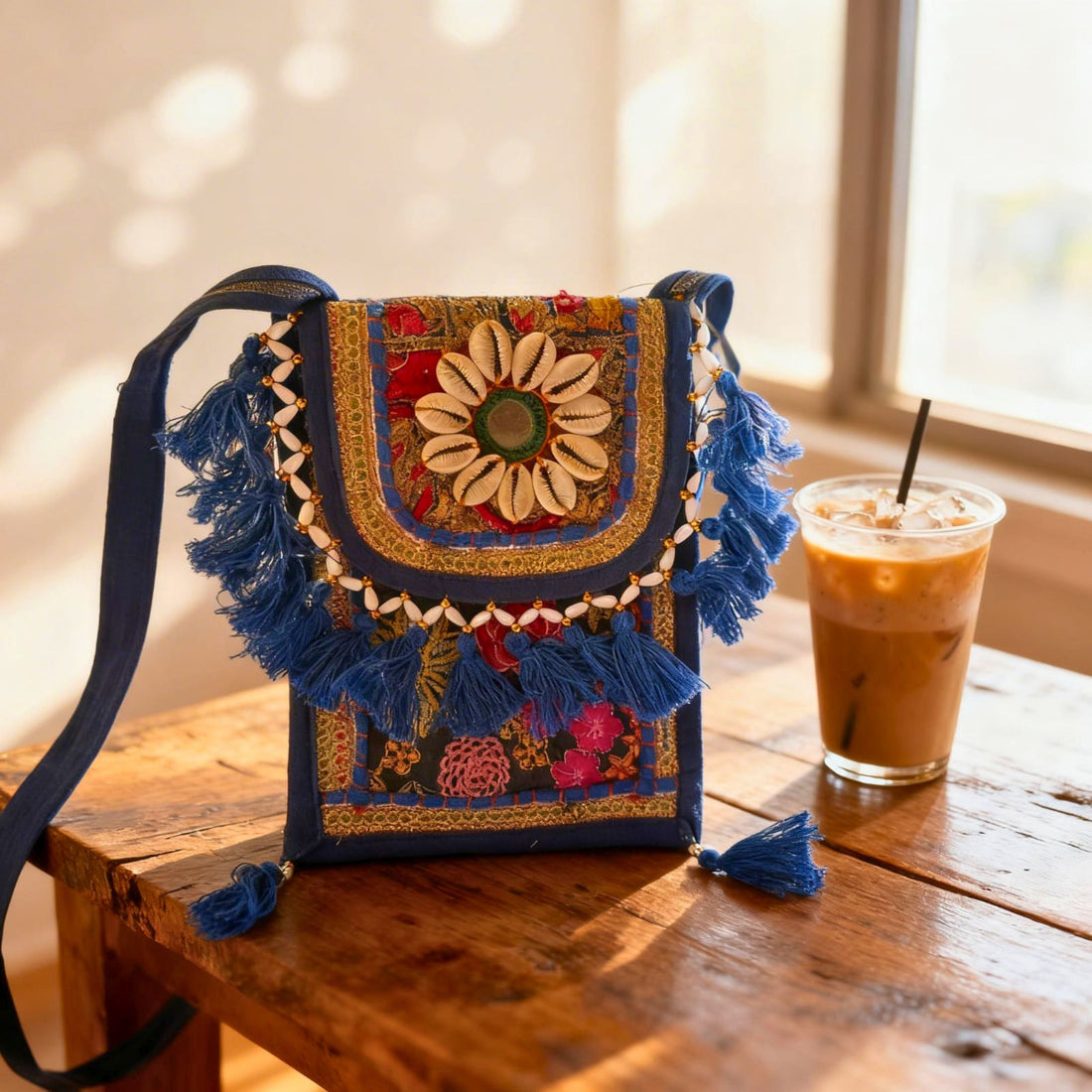 Royal Blue Mirror & Tassel Boho Sling Bag by Suryatra
