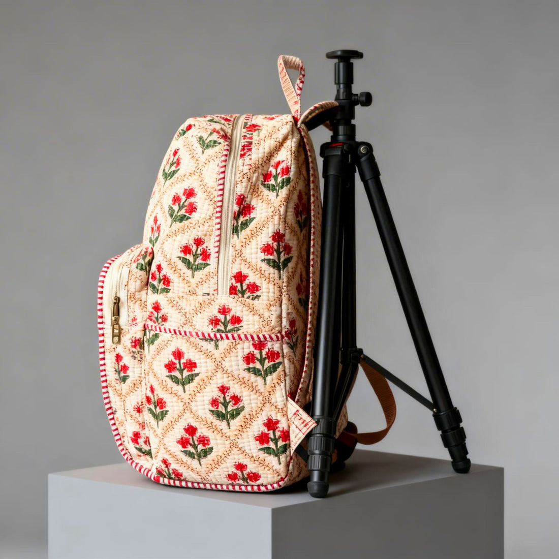 Red Floral Quilted Backpack by Suryatra