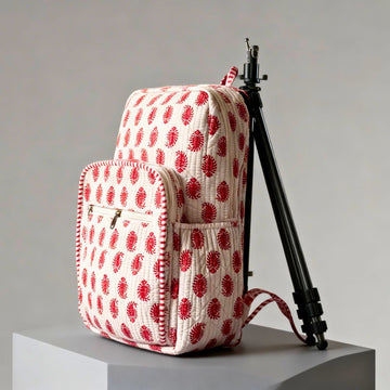 Red Ethnic Print Quilted Backpack by Suryatra