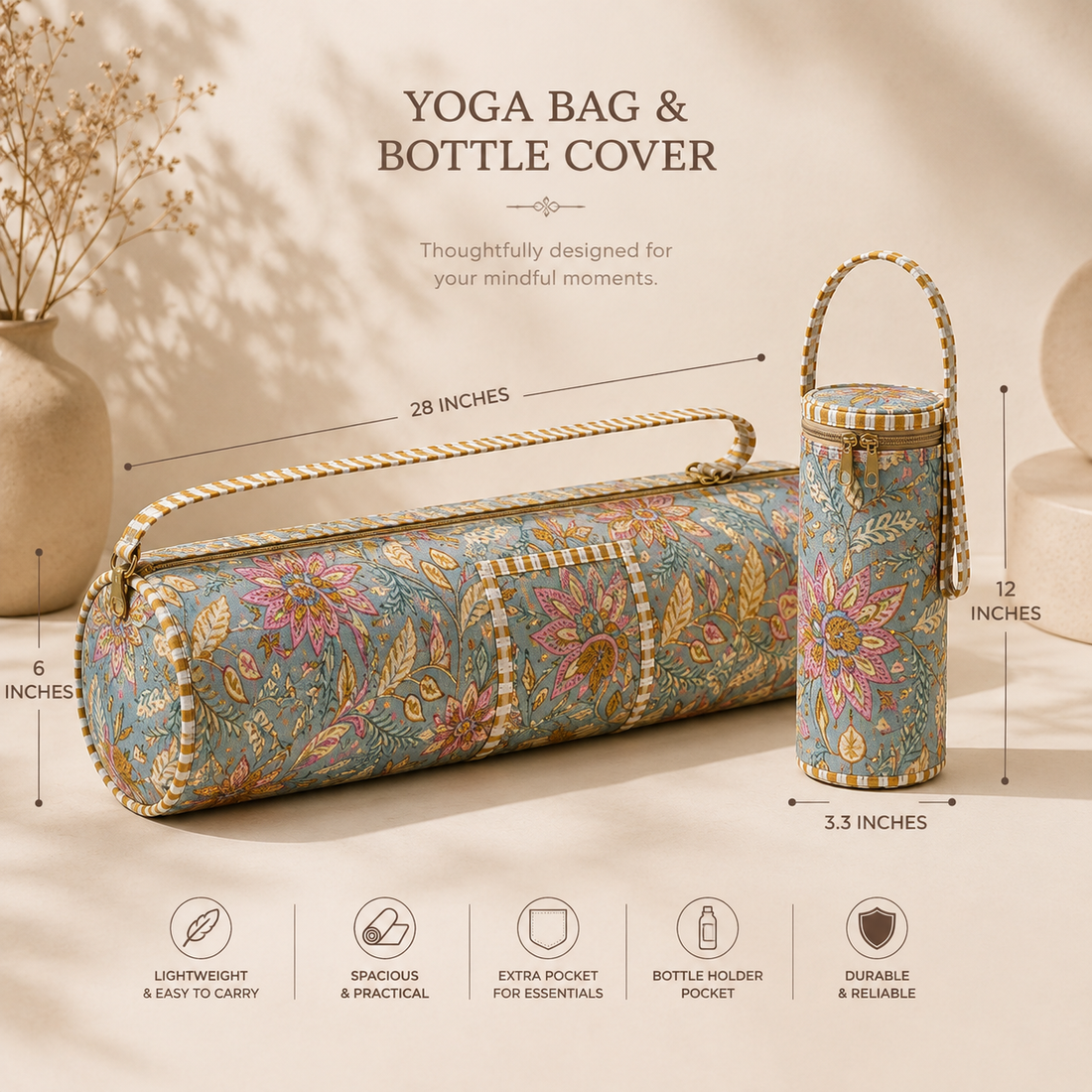 Teal & Coral Lotus Quilted Yoga Mat and Bottle Bag by Suryatra