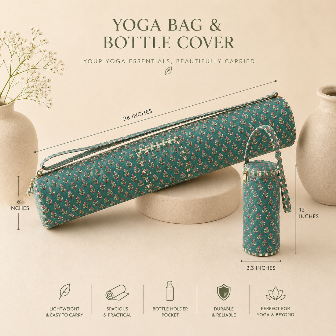 Teal Petal Yoga Mat and Bottle Bag Combo by Suryatra