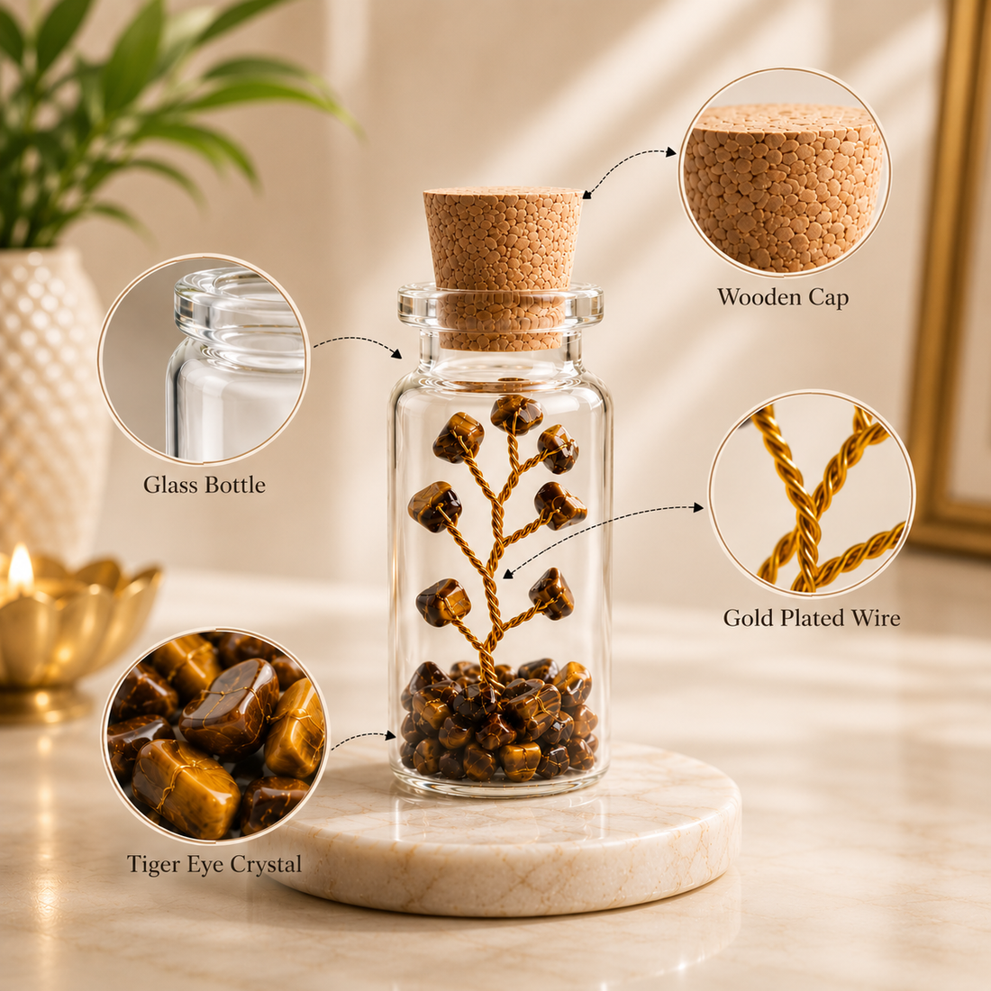 Suryatra Tiger Eye Crystal Healing Tree in Glass Bottle