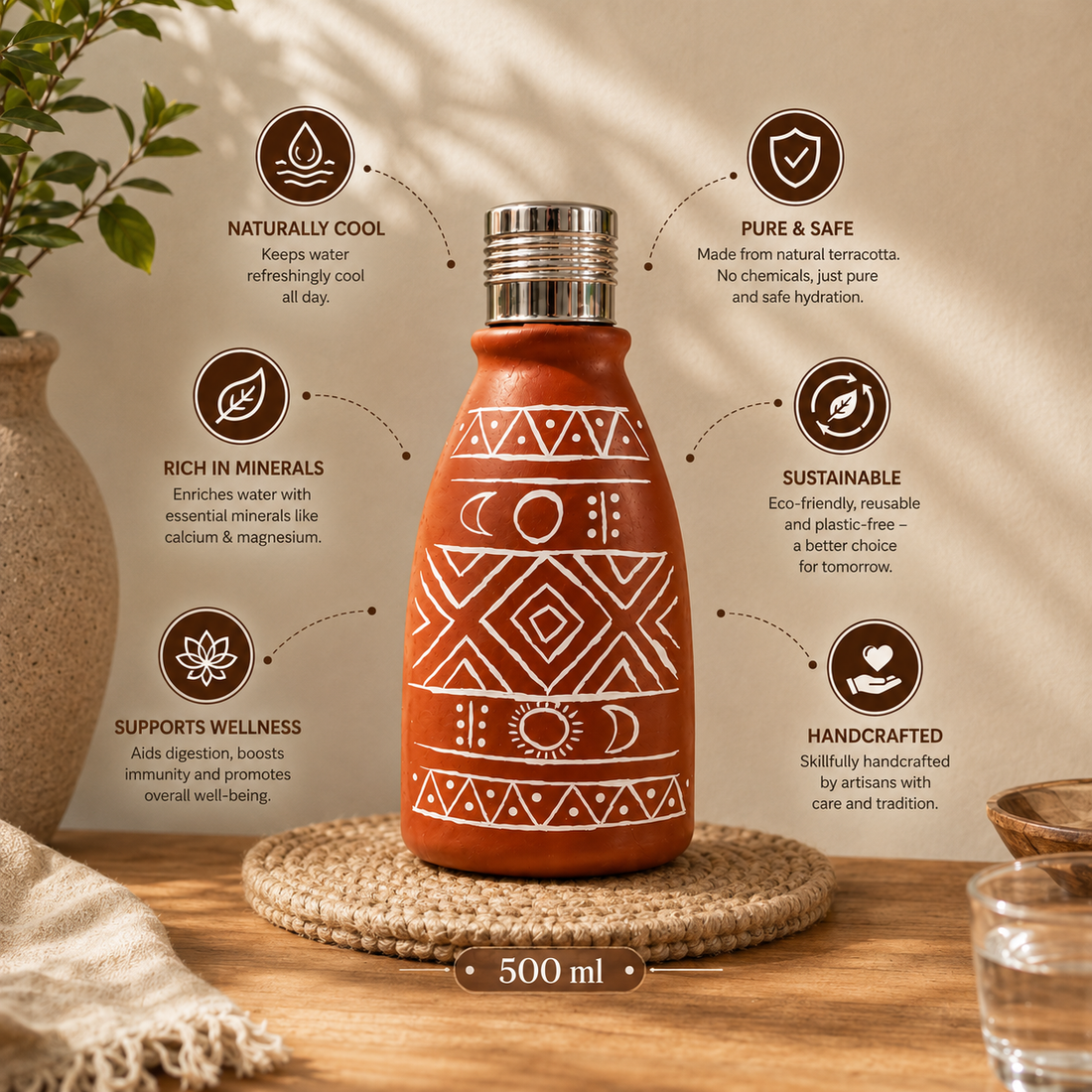 Tribal Geometry Terracotta Bottle by Suryatra