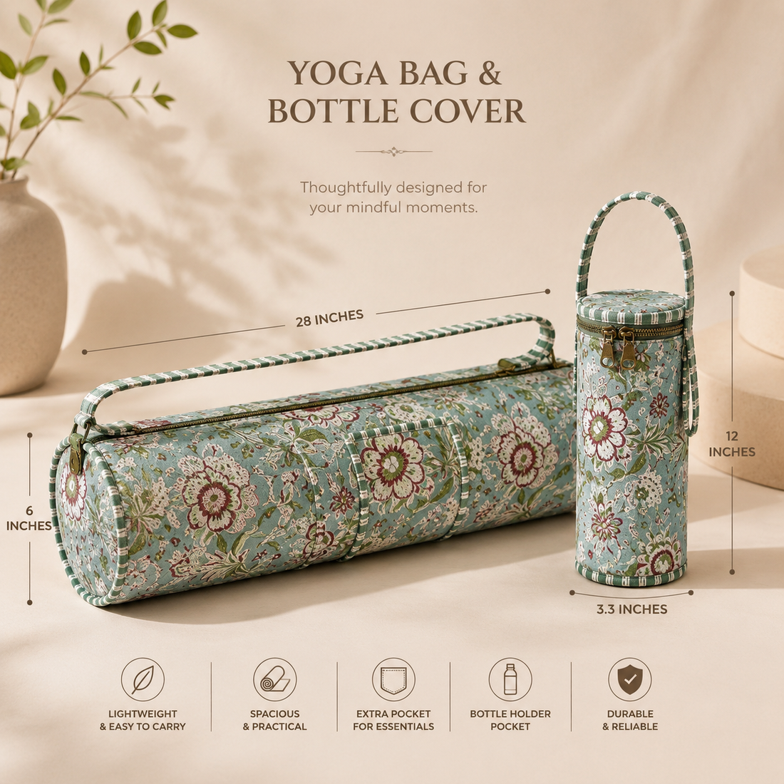 Pink & Blue Floral Vine Quilted Yoga Mat and Bottle Bag by Suryatra