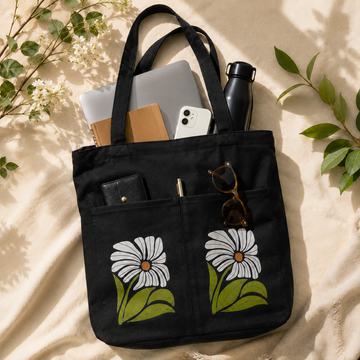 Classic Daisy Noir Canvas Tote Bag by Suryatra