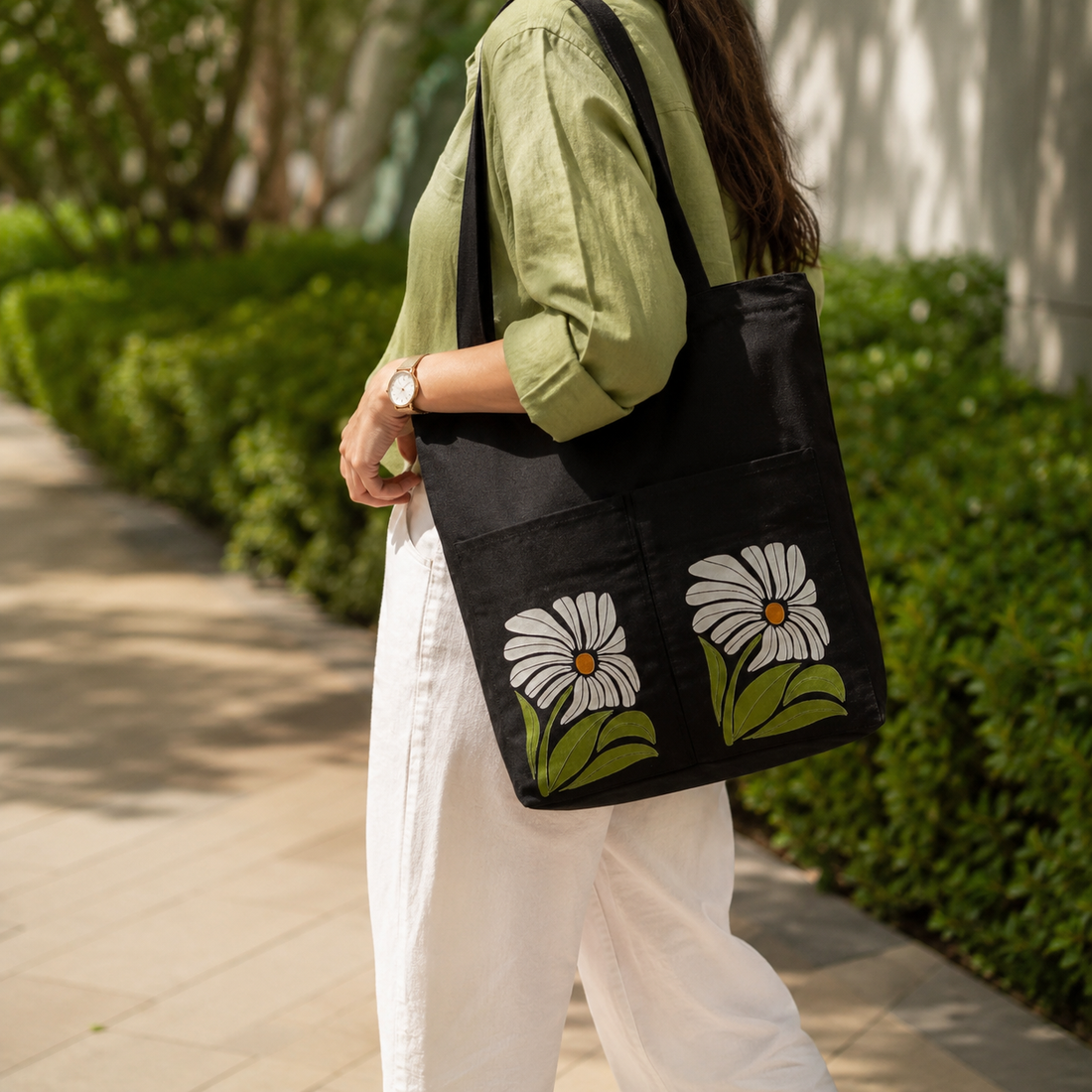 Classic Daisy Noir Canvas Tote Bag by Suryatra