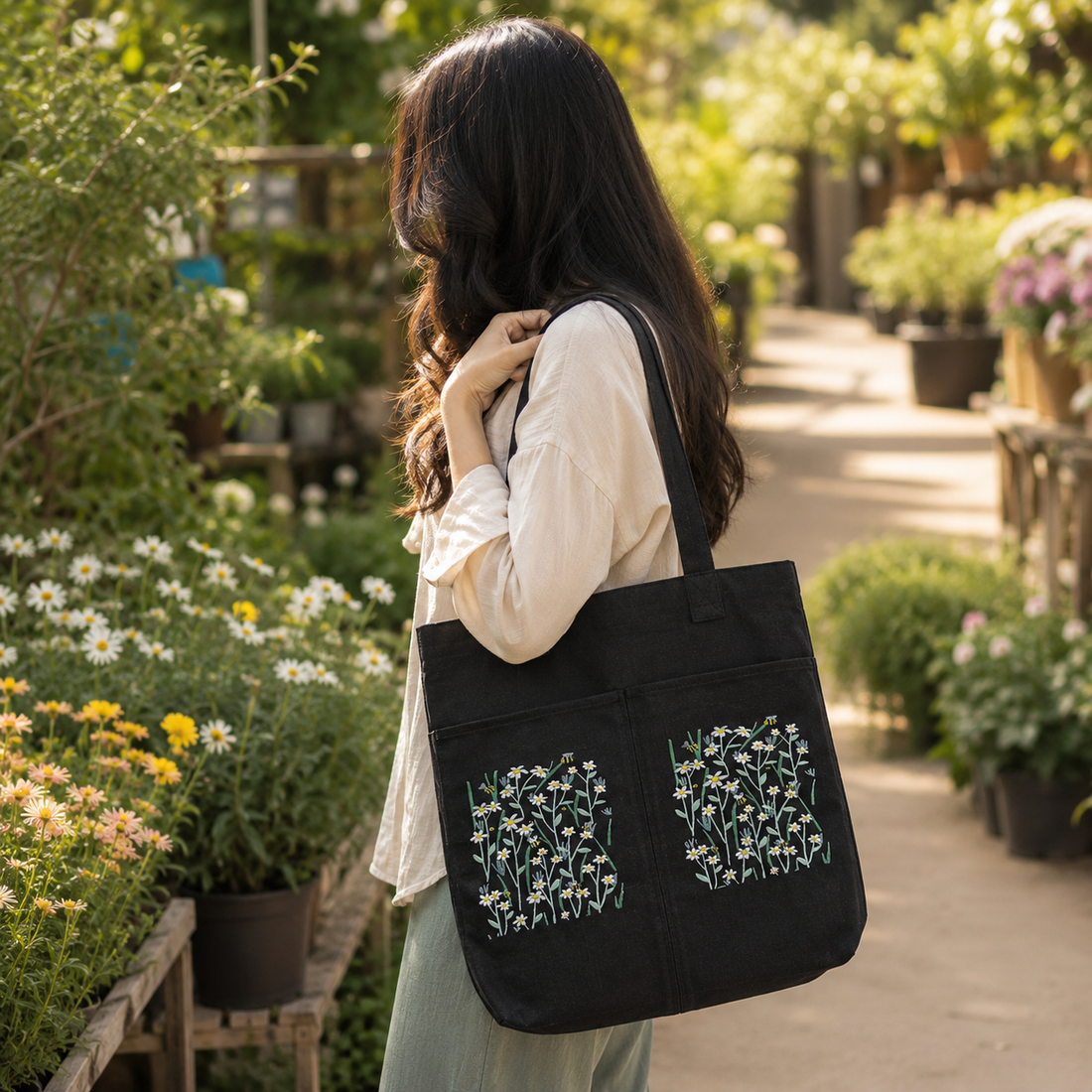 White Daisy Meadow Noir Canvas Tote Bag by Suryatra