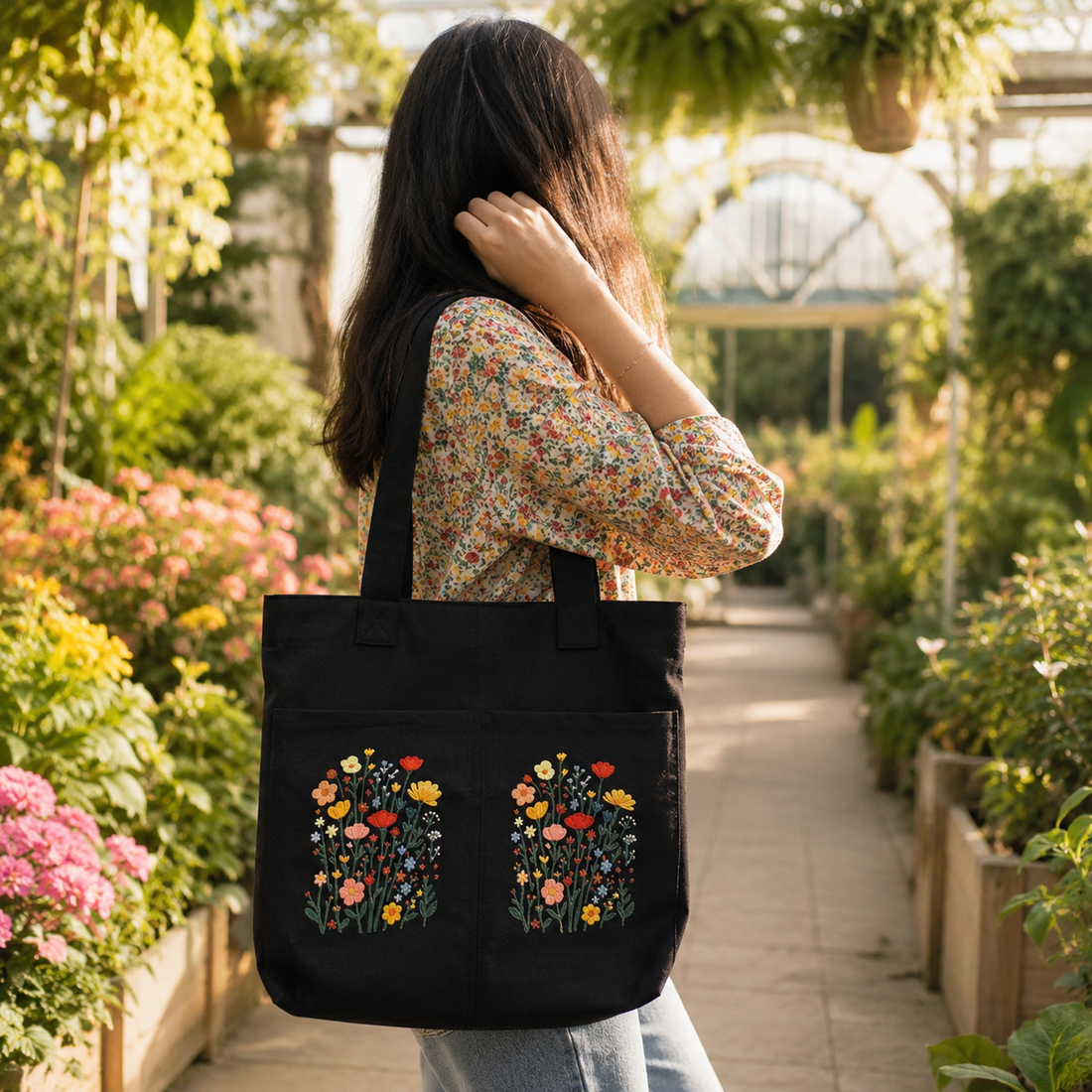 Wildflower Bloom Noir Canvas Tote Bag by Suryatra