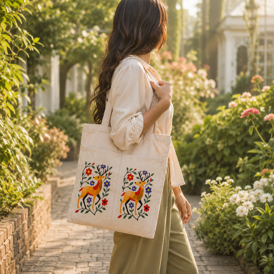 Woodland Deer Natural Canvas Tote Bag by Suryatra