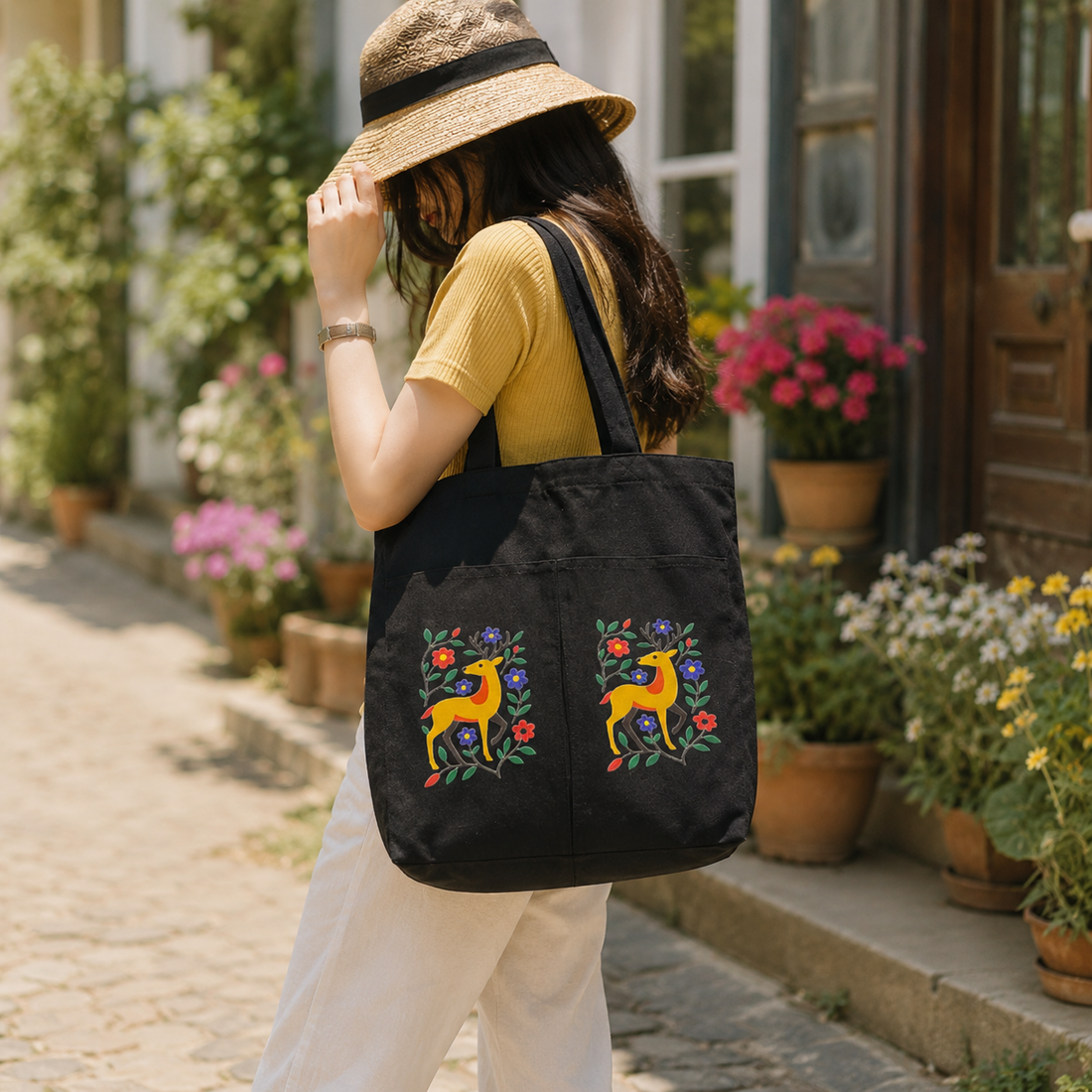Woodland Deer Noir Canvas Tote Bag by Suryatra
