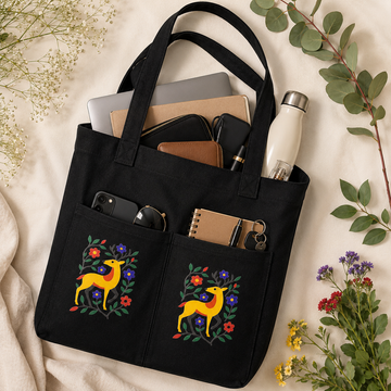 Woodland Deer Noir Canvas Tote Bag by Suryatra