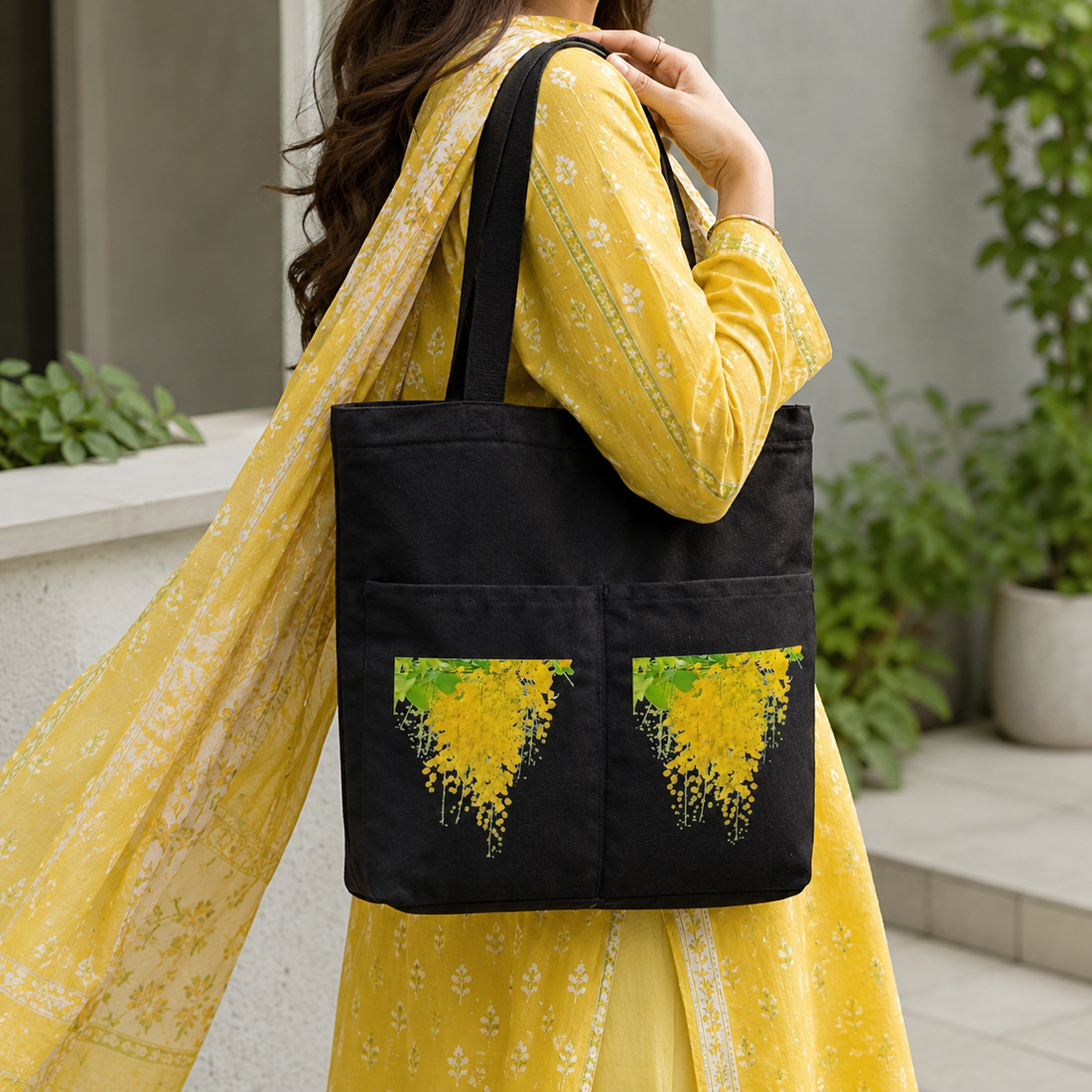 Amaltas Blossom Noir Canvas Tote Bag by Suryatra